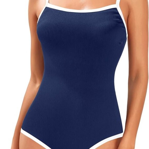 Tempt Me Athletic One Piece Swimsuit Ribbed Sporty Color Block Bathing Suit - Picture 3 of 5